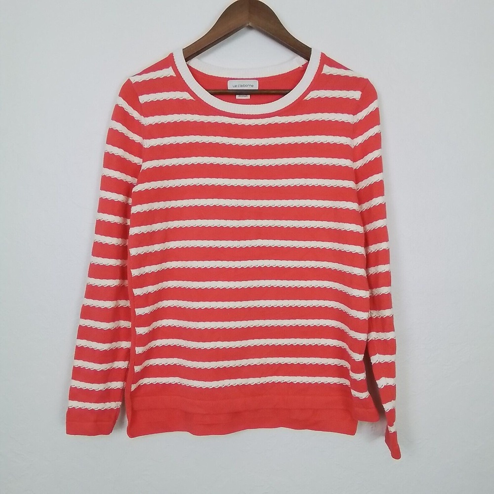 Liz Claiborne Womens Peach White Striped Pullover Long Sleeve Sweater Size‎ M